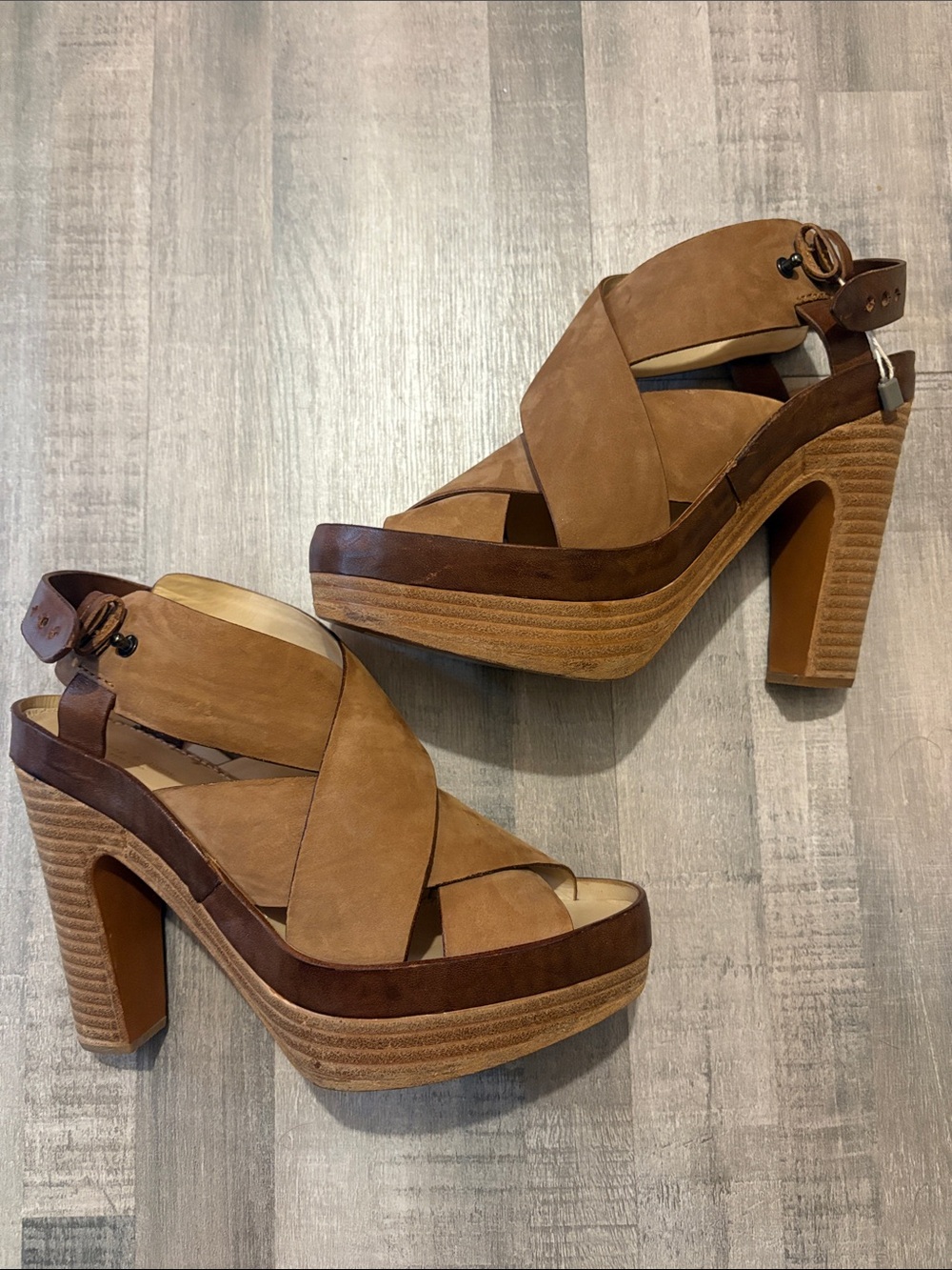 rag & bone Tan Suede Crisscross Platform Sandal Heels